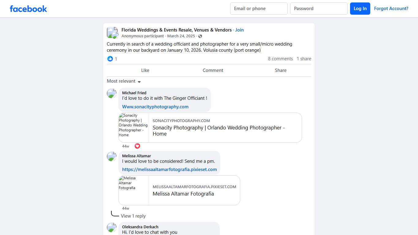 Florida Weddings & Events Resale, Venues & Vendors Currently in search of a wedding officiant and photographer for a very small/micro wedding ceremony in our backyard on January 10, 2026 Facebook