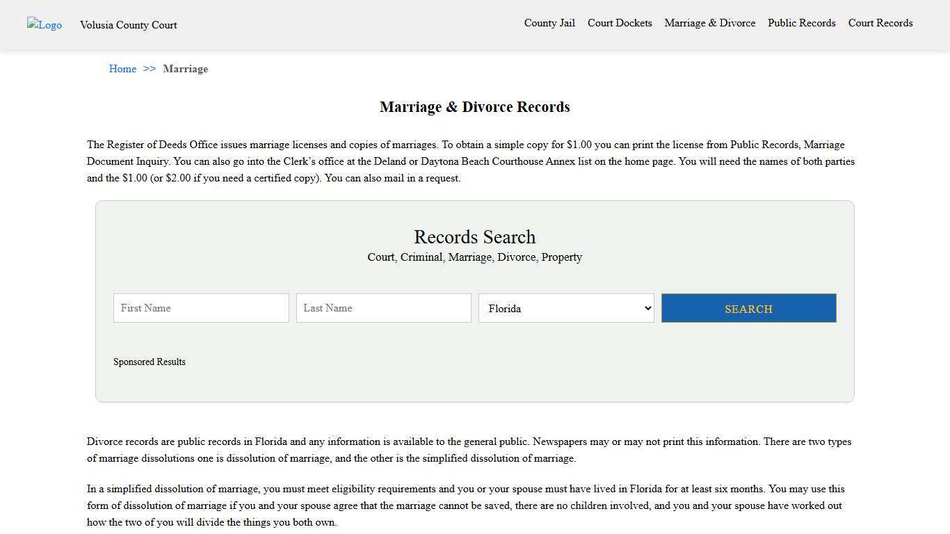 Marriage & Divorce Records Volusia County Court